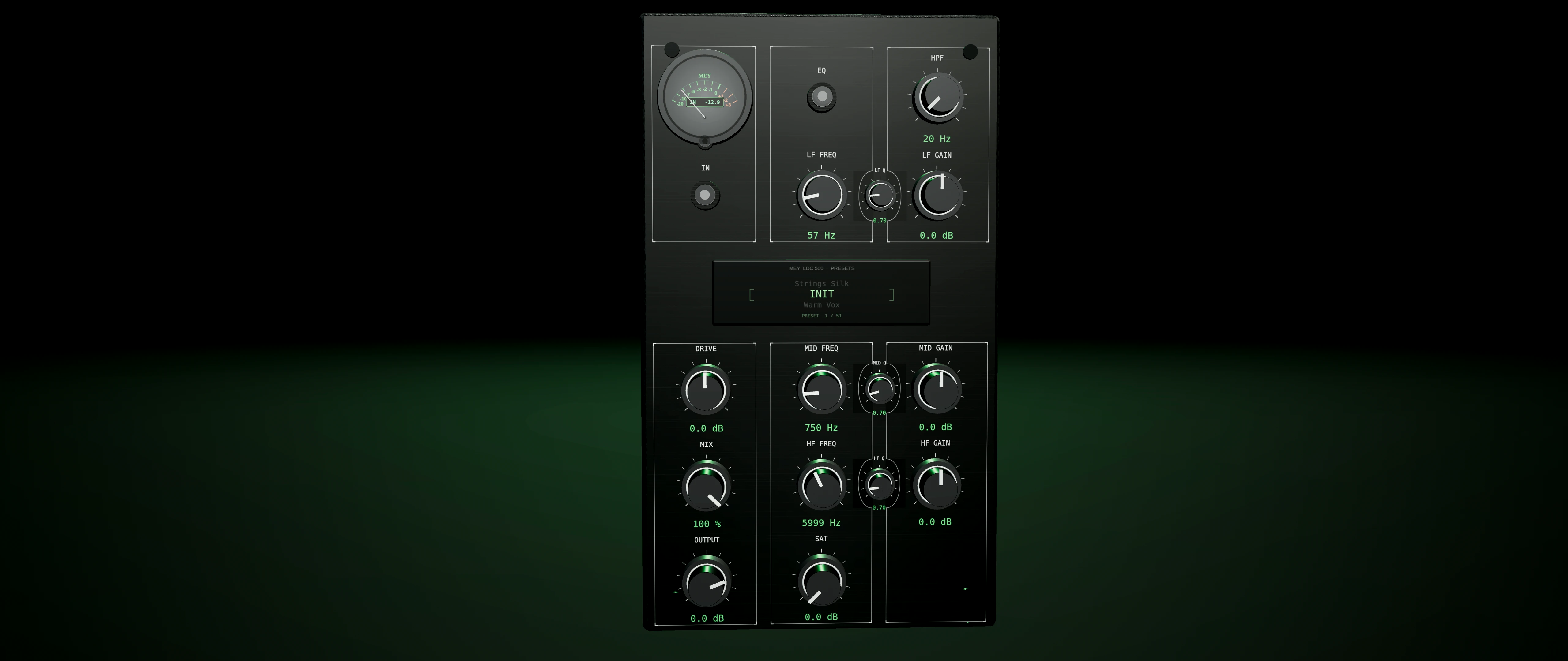 The MEY LDC 500 front panel, lit from the side, its knobs and VU meter glowing green